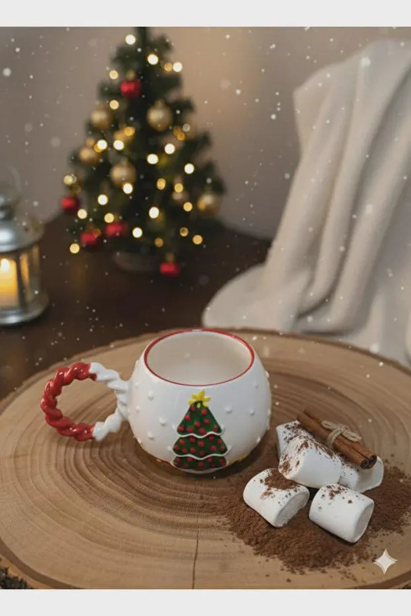 Handmade Christmas Tree Ceramic Mugs Set – Embossed Knit Texture