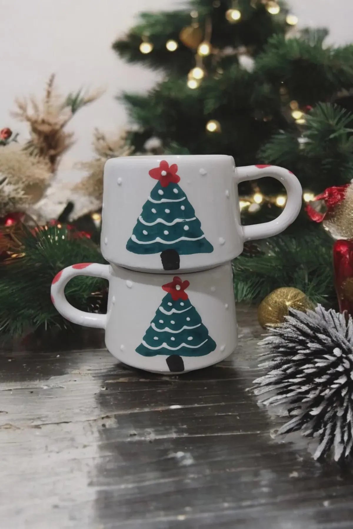 Handmade Ceramic Mug Set with Pine Tree Design for Nature Lovers