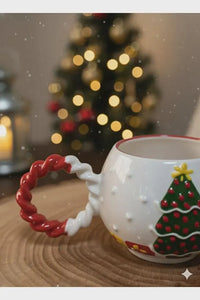 Handmade Christmas Tree Ceramic Mugs Set – Embossed Knit Texture